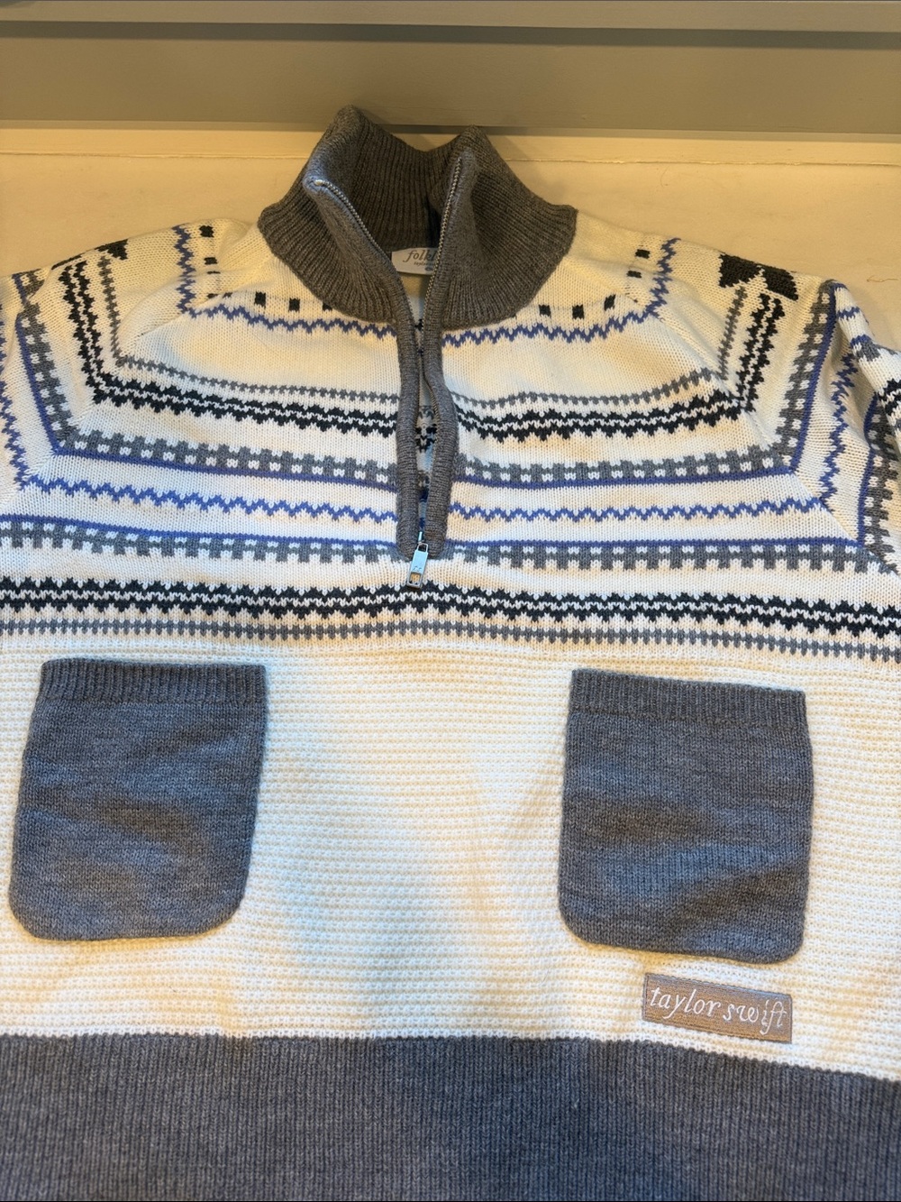 Taylor Swift Cream, Gray & Blue Half-Zip Fair Isle Sweater